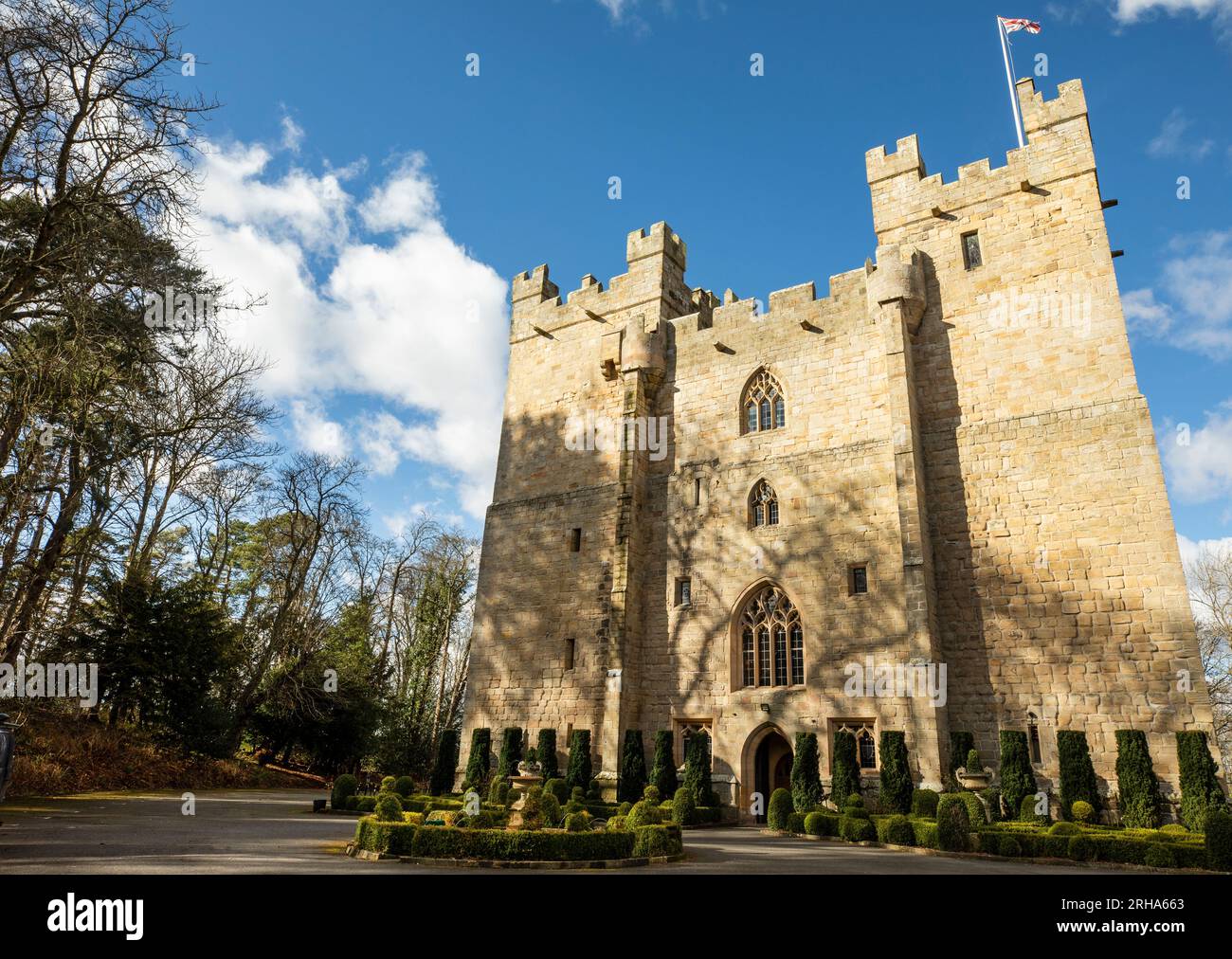 Langley Castle, a medieval tower house, grade I listed, now a luxury hotel, near Haydon Bridge, Northumberland Stock Photo