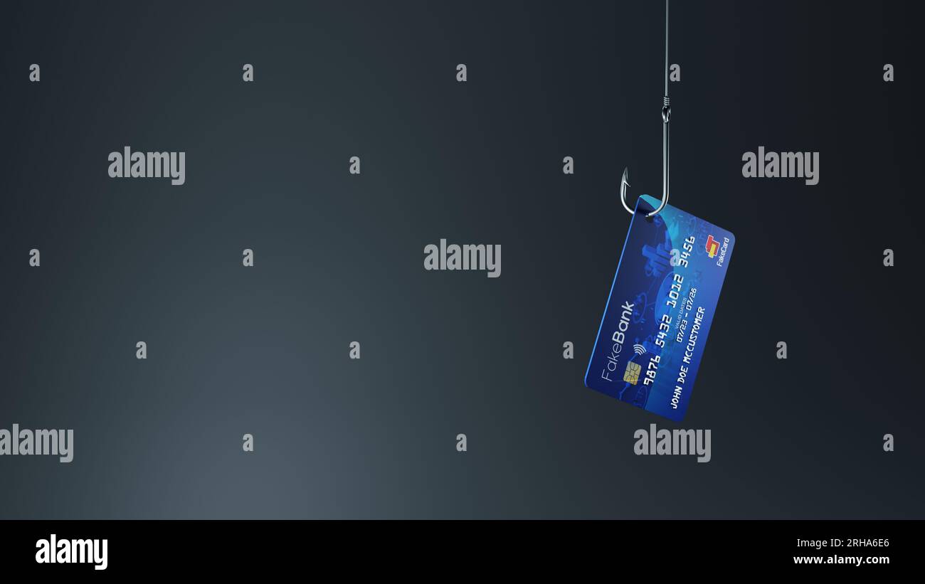 Credit card as bait on a fishing hook. Internet scam, phishing, online theft concept. Digital 3D rendering. Stock Photo