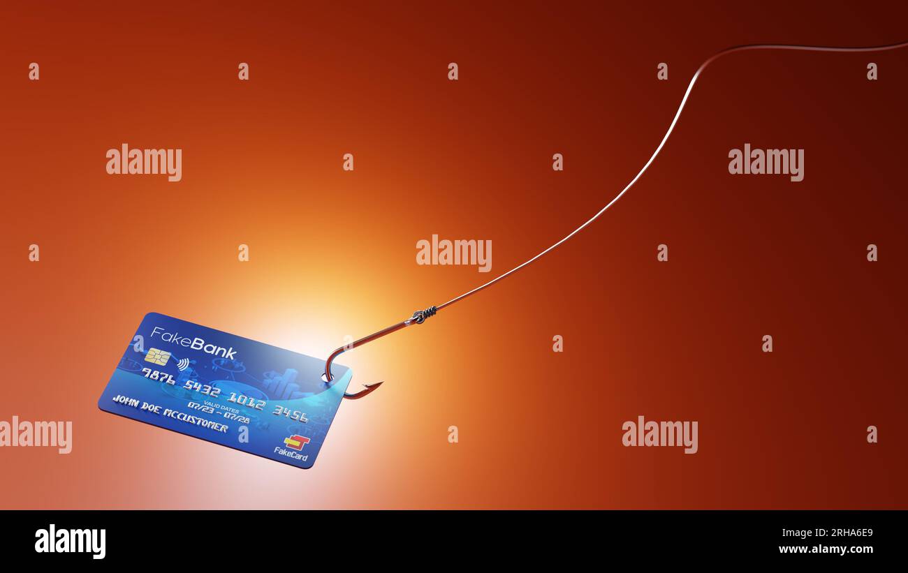 Credit card as bait on a fishing hook. Internet scam, phishing, online theft concept. Digital 3D rendering. Stock Photo