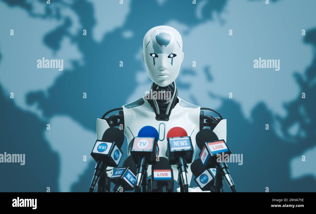 Android AI robot speaking at the international press conference