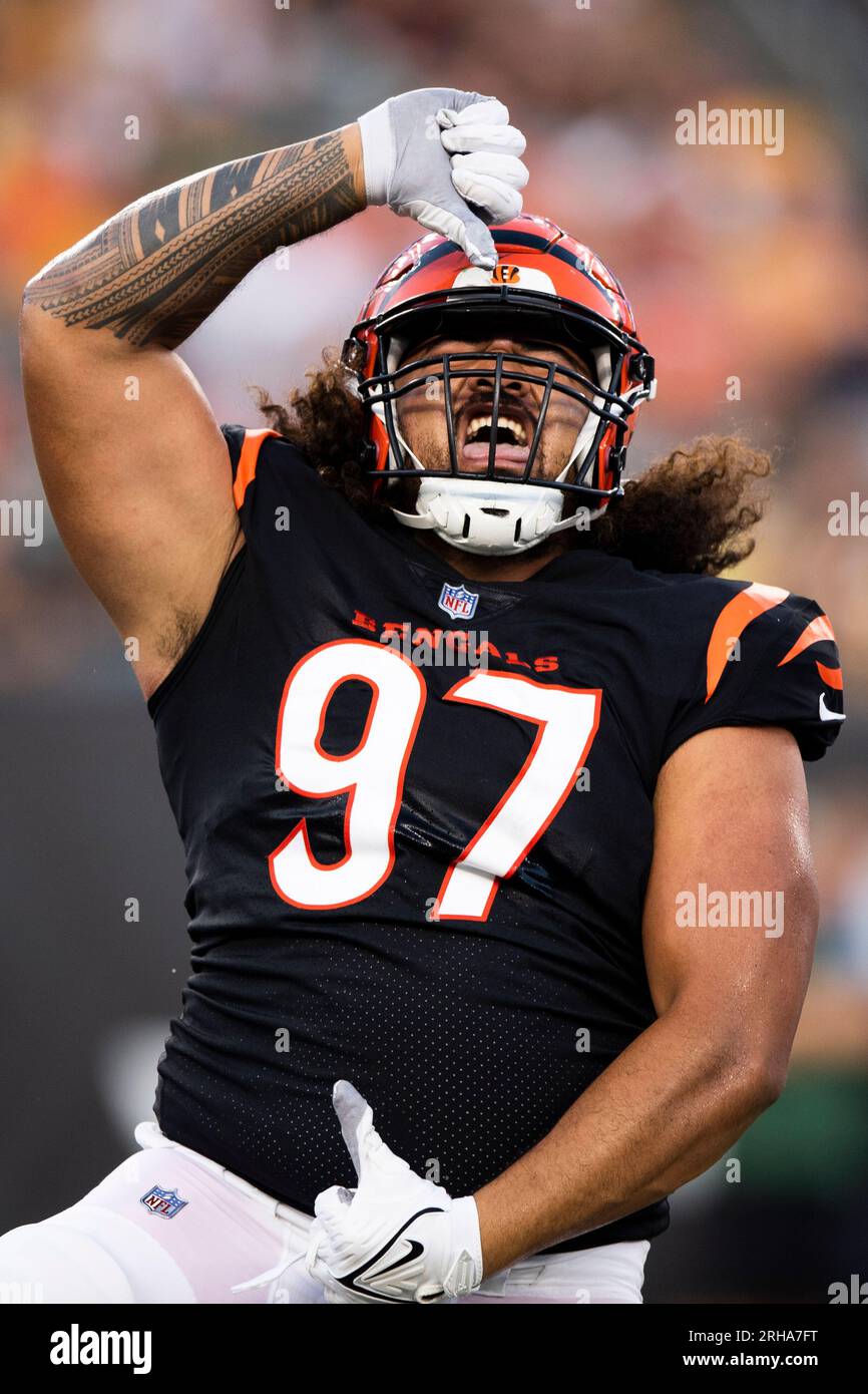 Cincinnati Bengals defensive tackle Jay Tufele (97) reacts during a  preseason NFL football game against the Green Bay Packers on Friday, Aug.  11, 2023, in Cincinnati. (AP Photo/Emilee Chinn Stock Photo - Alamy