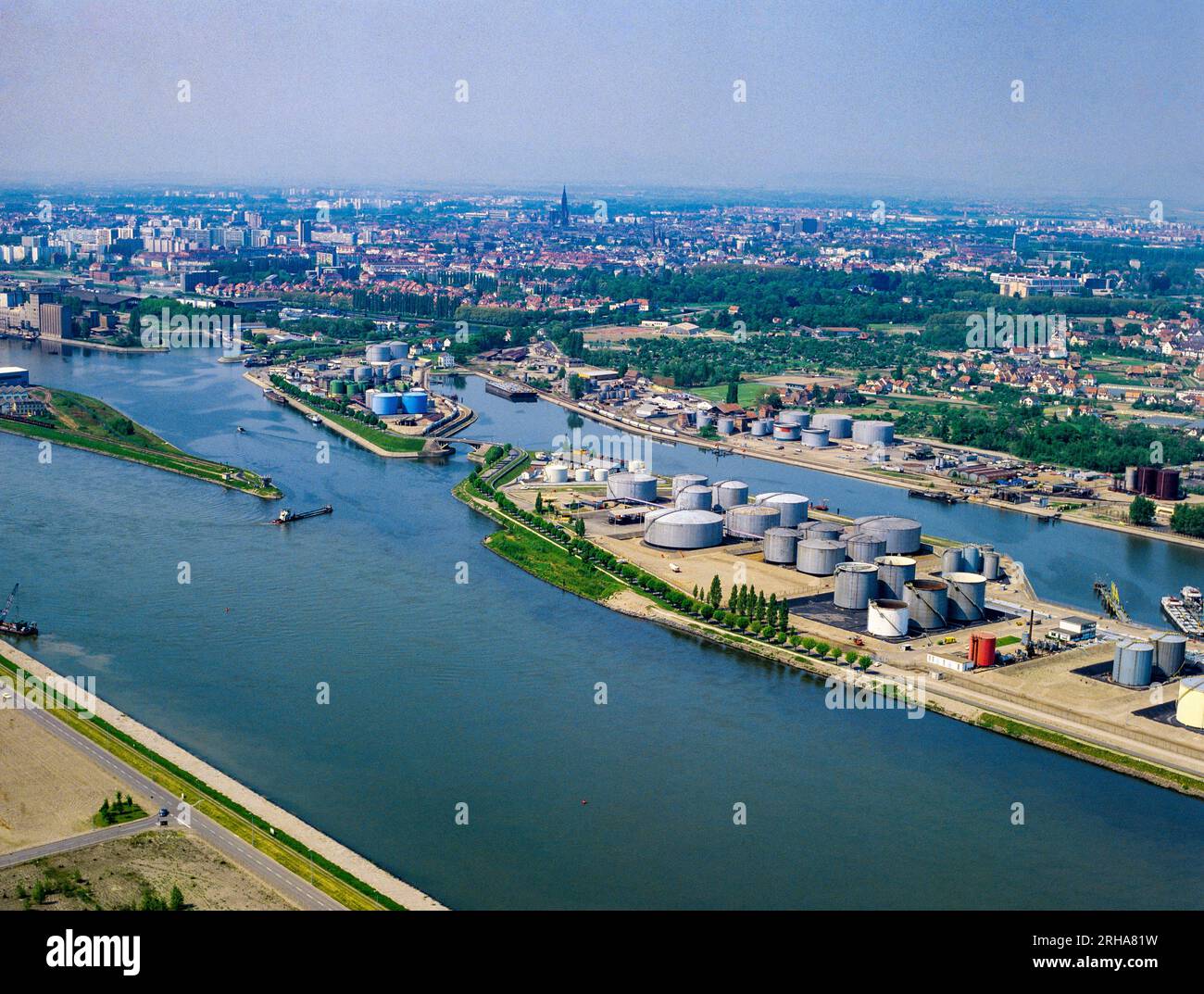 Strasbourg, Port-du-Rhin, Rhine petrol harbour, large fuel storage tanks, city aerial view, Alsace, France, Europe, Stock Photo