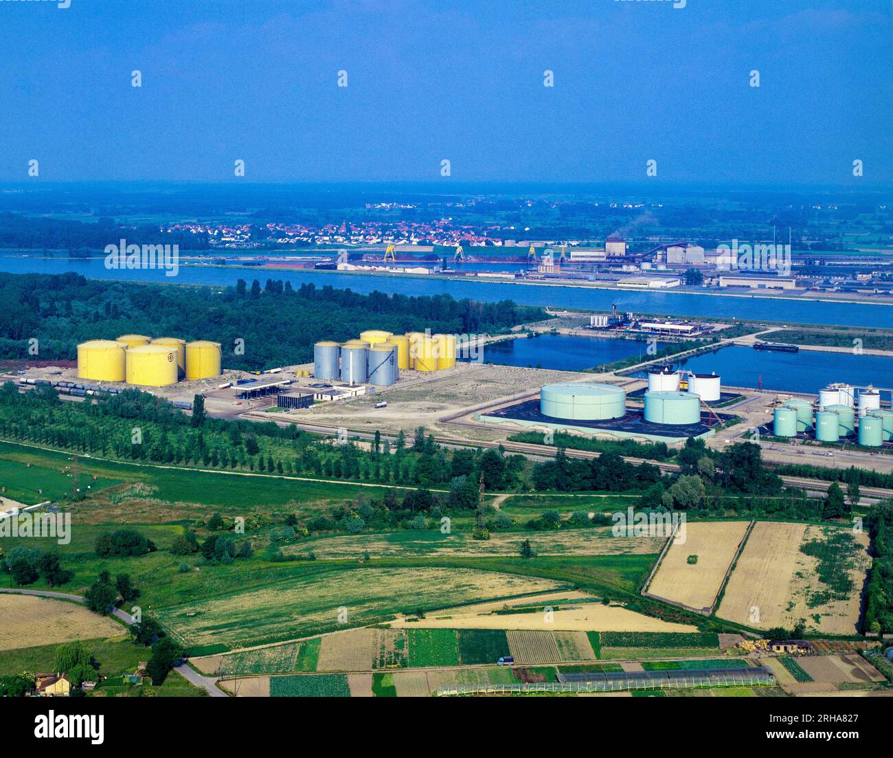 Strasbourg, Port-du-Rhin, Rhine petrol harbour, large fuel storage tanks, city aerial view, Alsace, France, Europe, Stock Photo