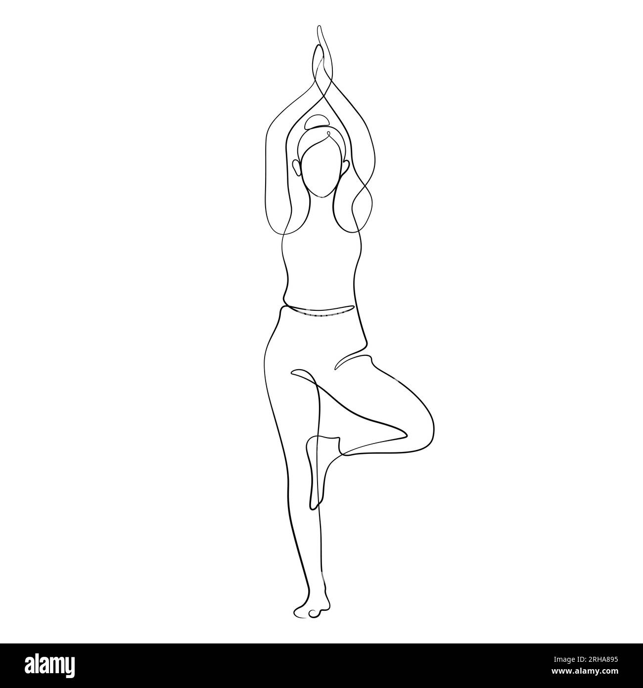 woman doing tree yoga pose healthy exercising in continuous line drawing calligraphic lined minimalist concept 2RHA895