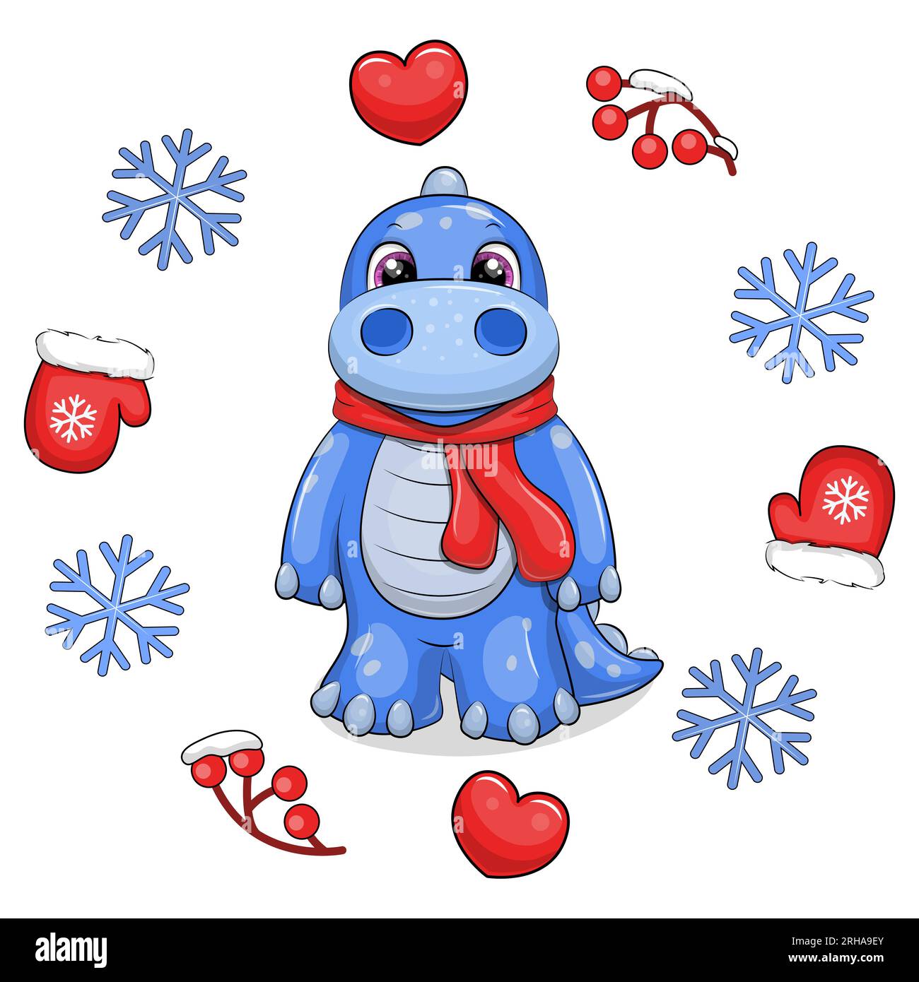 Cute cartoon dinosaur with a red scarf in a winter frame. Vector