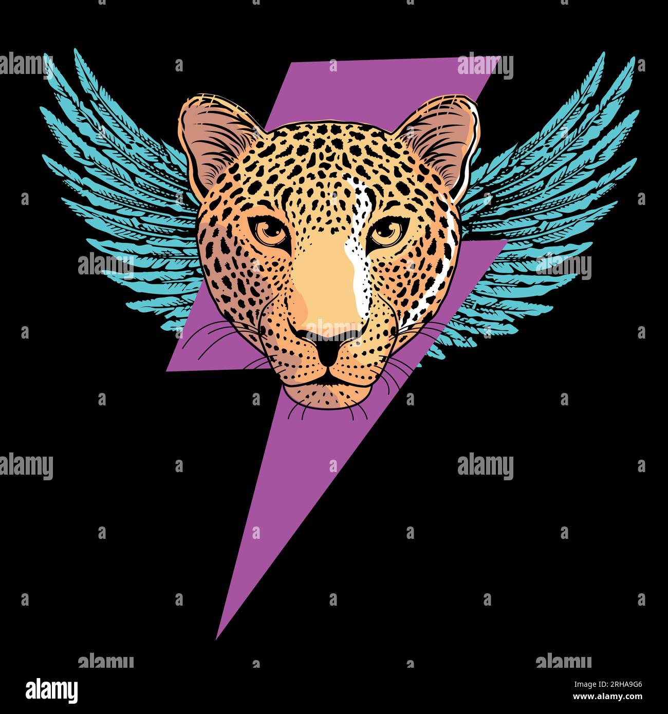 thunderbolt symbol t-shirt design with leopard head and wings.vector ...
