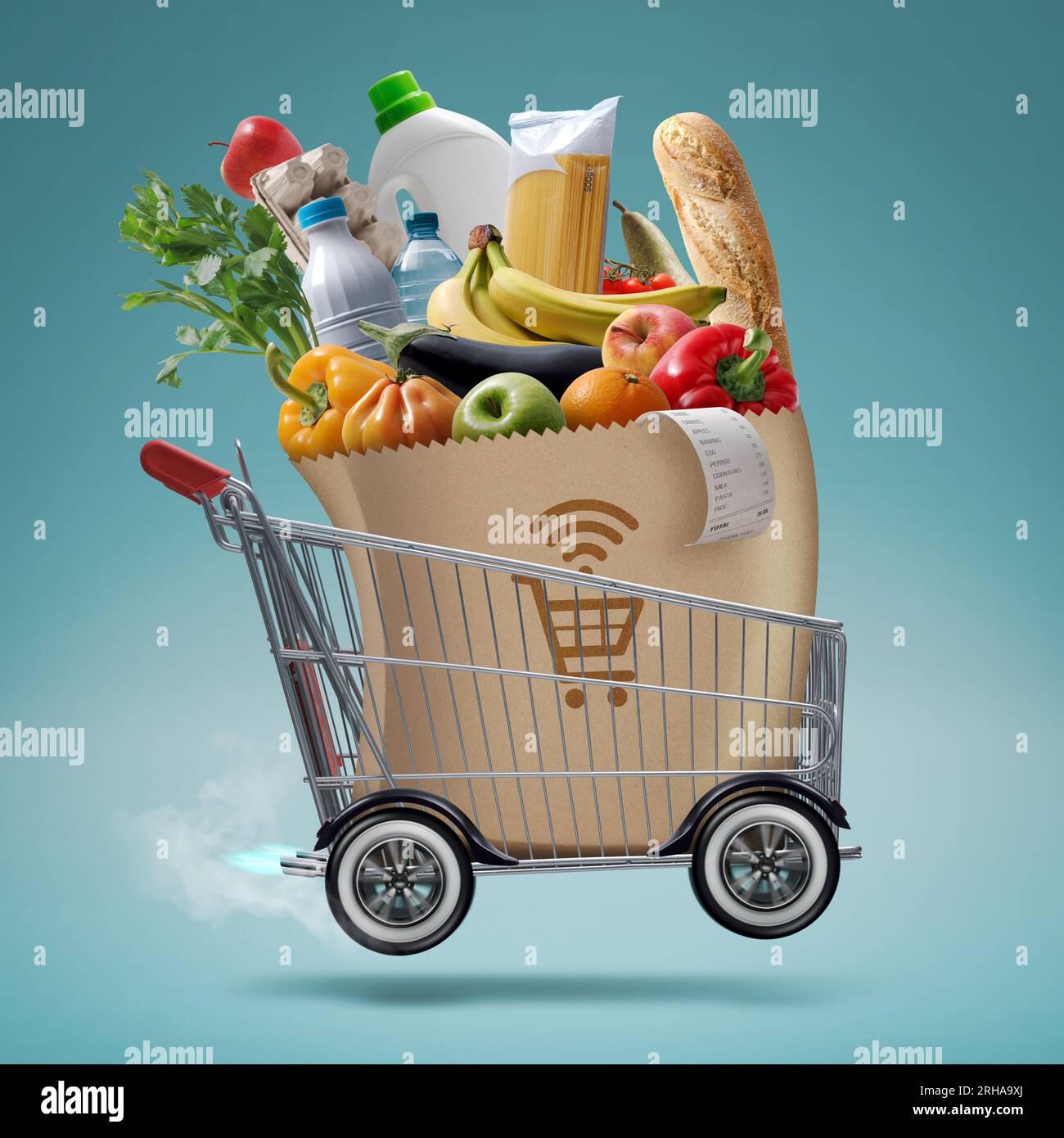 Fast turbo shopping cart delivering groceries, online grocery shopping and express delivery