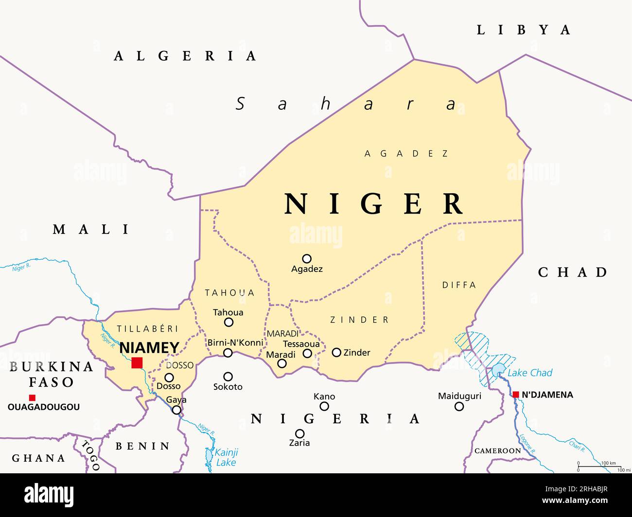 Republic of the Niger, a landlocked country and unitary state in West Africa. Political map with borders, regions, capital Niamey and largest cities. Stock Photo