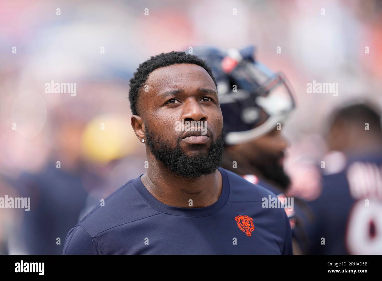 Chicago Bears defensive end Yannick Ngakoue (91) looks on from the  sidelines during the first half of an NFL preseason football game,  Saturday, Aug. 26, 2023, in Chicago. (AP Photo/Kamil Krzaczynski Stock