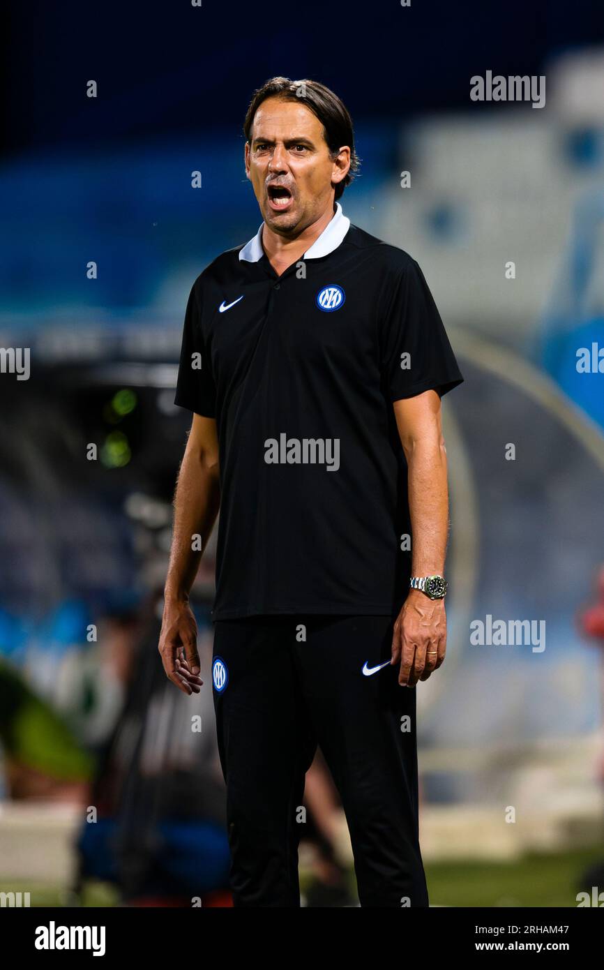 Simone Inzaghi, head coach of FC Internzazionale, reacts during the friendly football match between FC Internazionale and KF Egnatia. Stock Photo