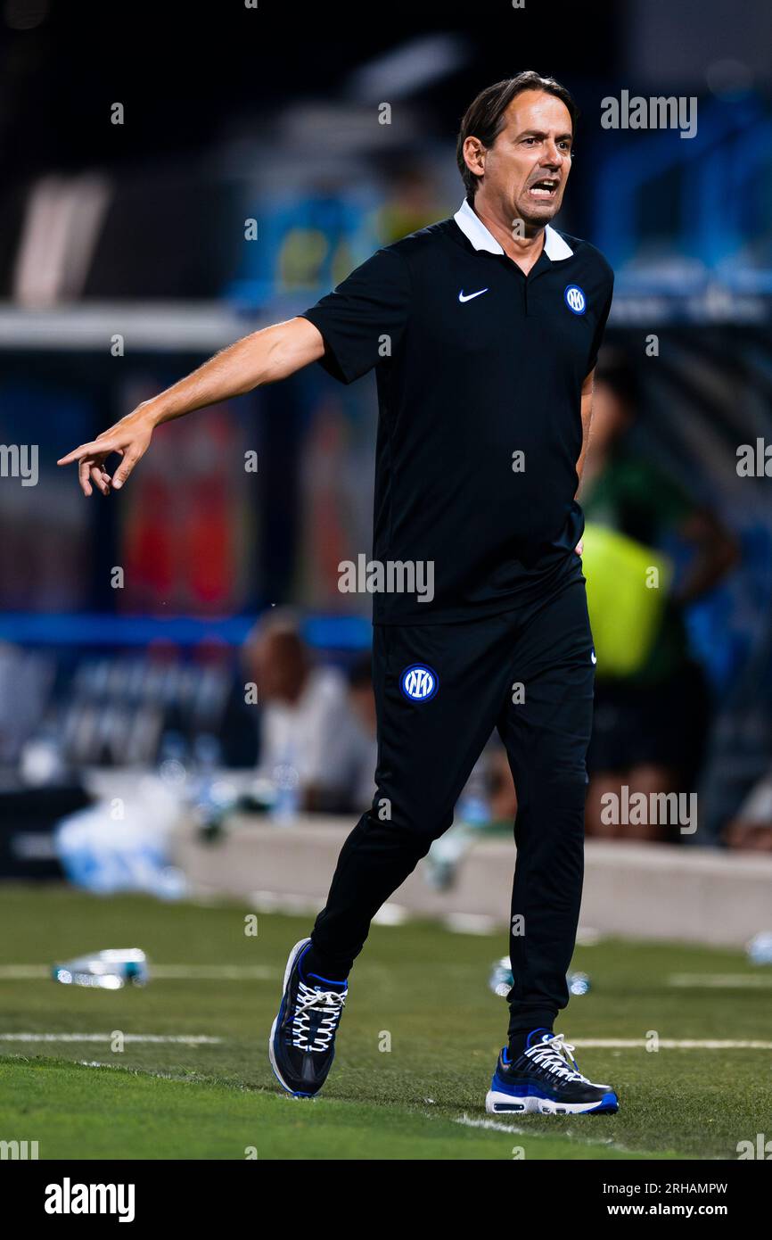 Simone Inzaghi, head coach of FC Internzazionale, gestures during the friendly football match between FC Internazionale and KF Egnatia. Stock Photo