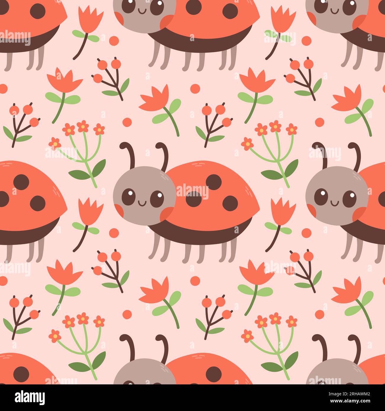 Seamless pattern of ladybug, red flowers and green leaf on pink ...