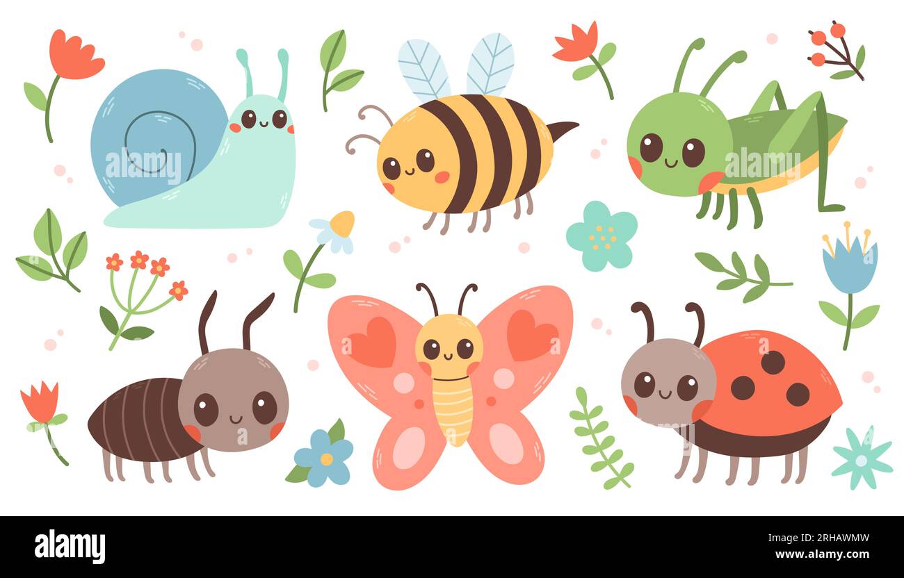 Cute insects set. Butterfly, ant, ladybug, bee, snail, grasshopper. Vector illustration isolated on white background Stock Vector