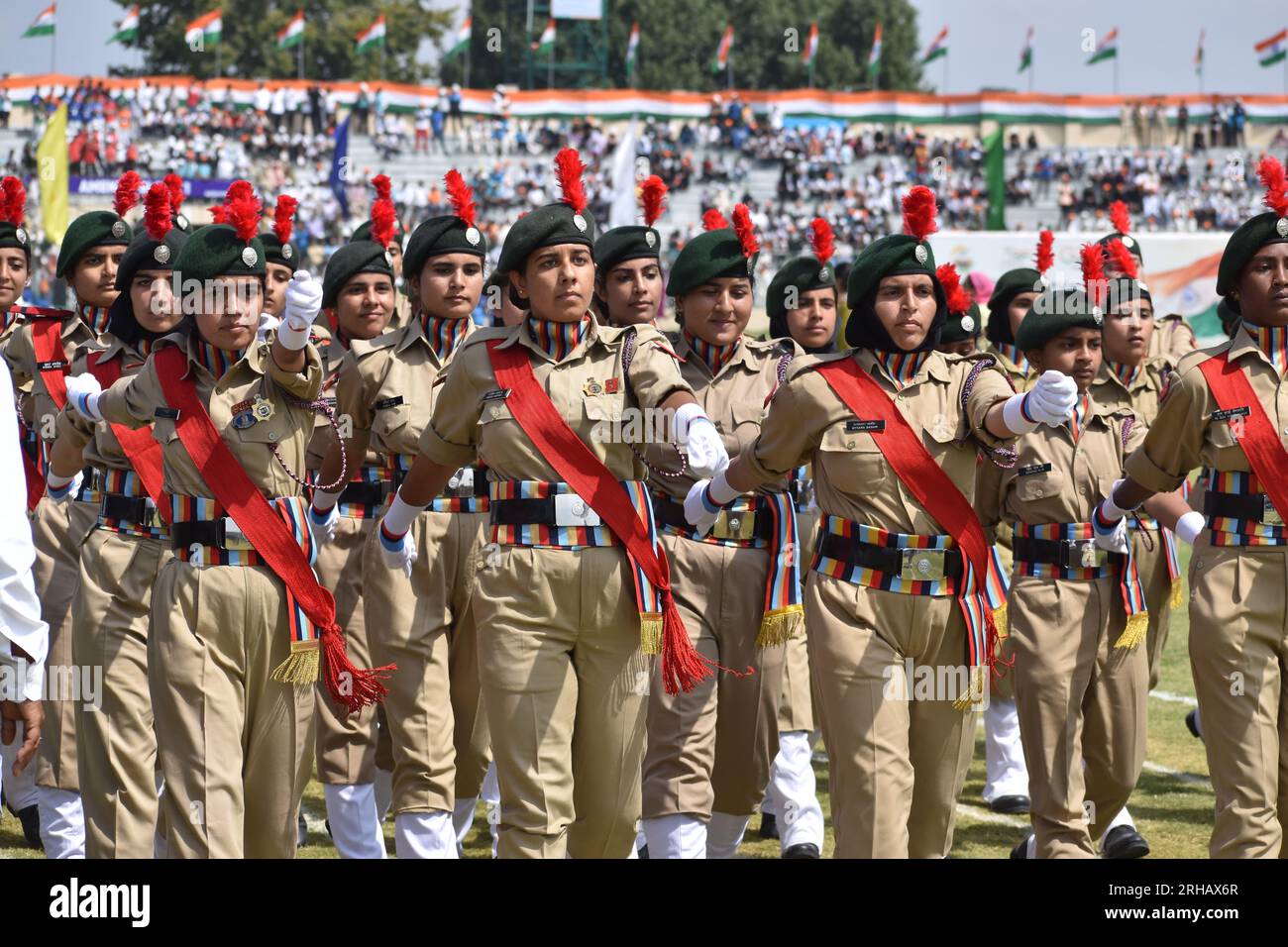 Srinagar, India. 15th Aug, 2023. August 15, 2023, Srinagar, India: Celebrating the 77th Independence Day with pride and honour! The inspiring sight of the National Flag being hoisted at Bakshi Stadium Srinagar. on August 15, 2023, Srinagar, India. (Photo by Umer Qadir/ Credit: Eyepix Group/Alamy Live News Stock Photo