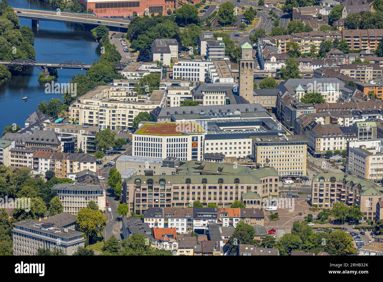 Aerial view, city and historical town hall with town hall tower ...