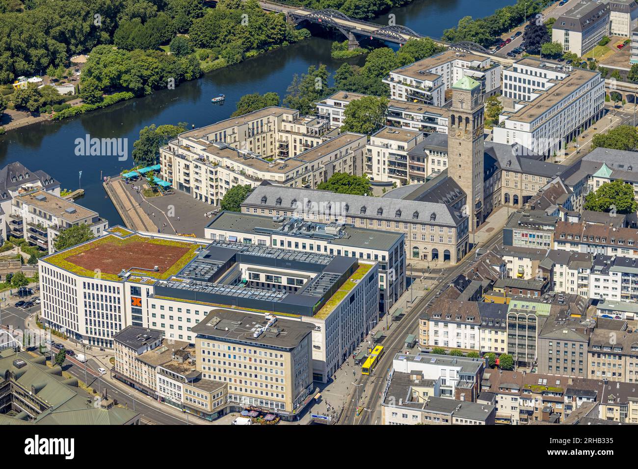Aerial view, city and historical town hall with town hall tower