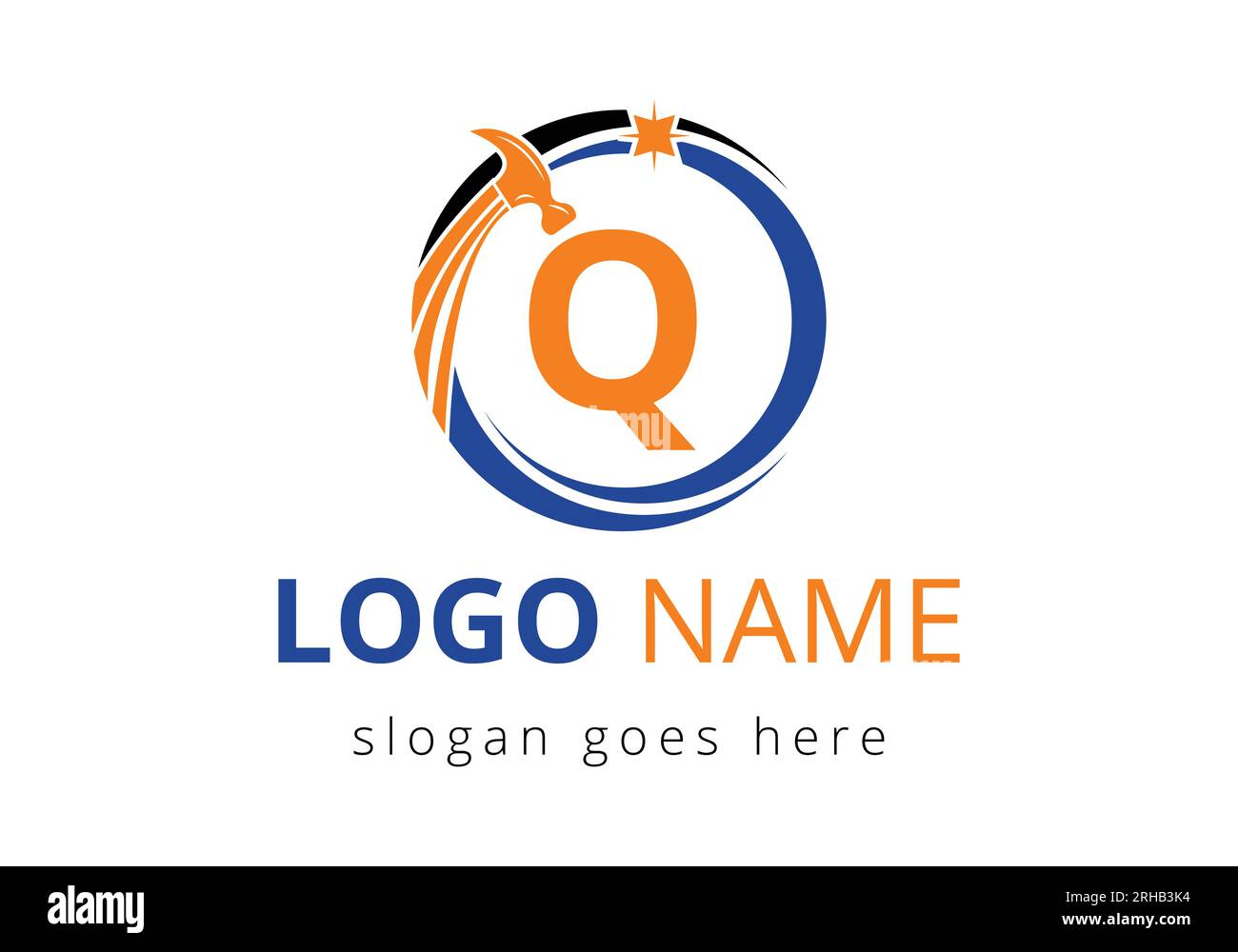 Letter Q Hammer Logo Concept For Construction, Woodworking Company Repair Symbol Vector Template.  Modern vector logo for construction business, and Stock Vector
