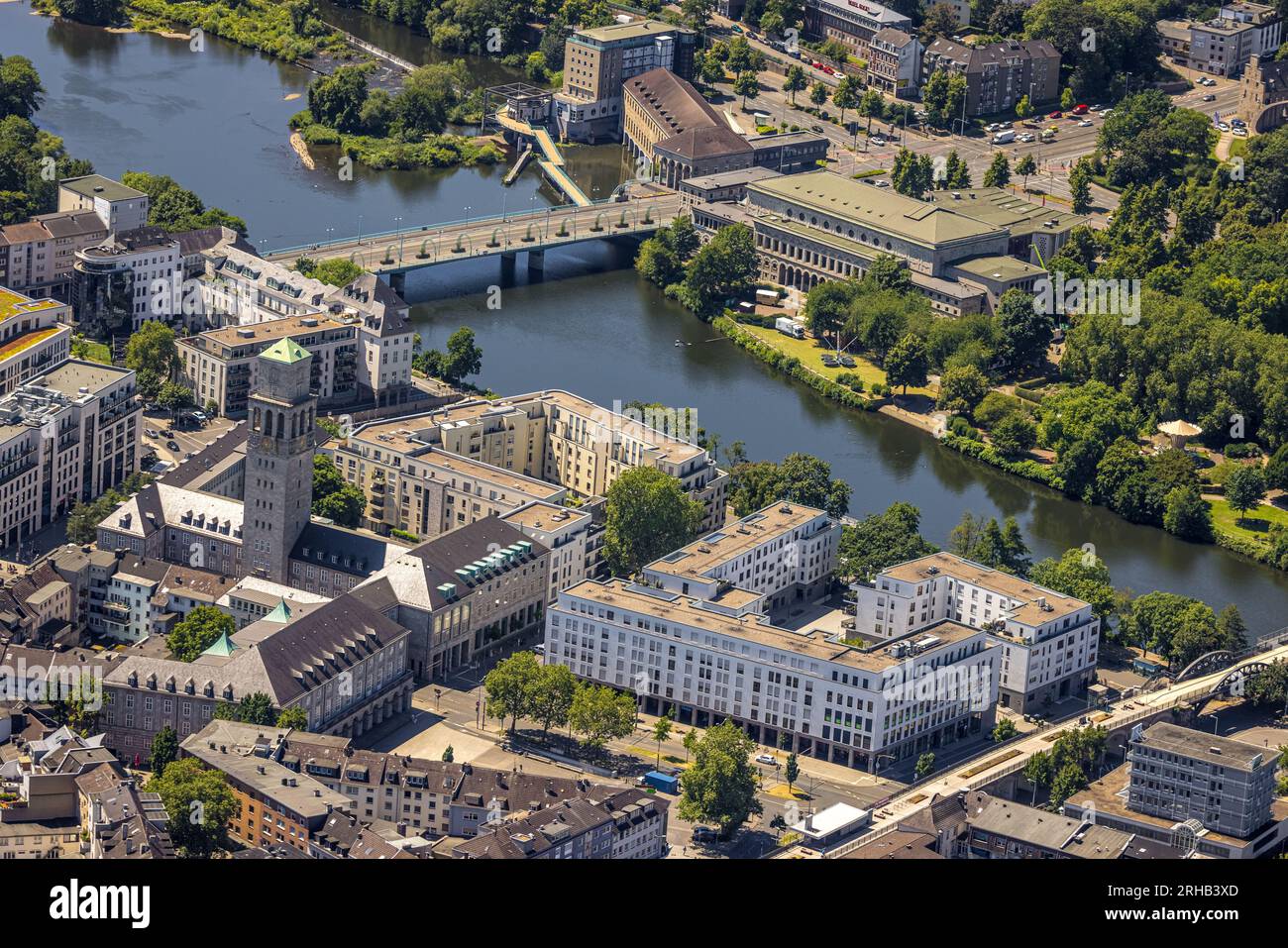 Aerial view, city and historical town hall with town hall tower ...