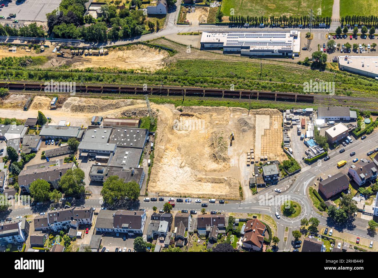Aerial view, construction area at Heerstrasse, Speldorf, Mülheim an der Ruhr, Ruhr area, North Rhine-Westphalia, Germany, Building area, Building site Stock Photo