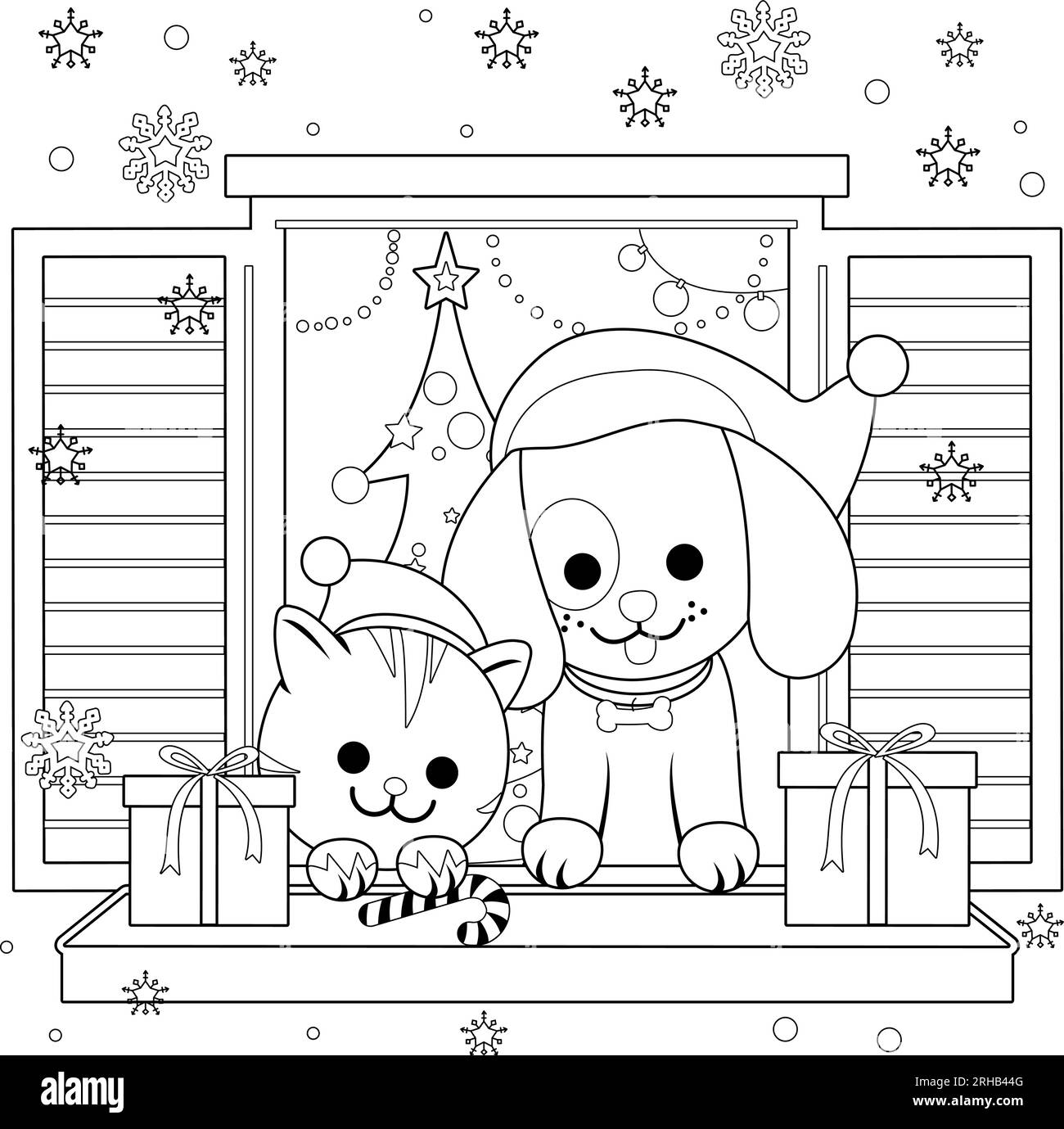 Cat and dog sitting on a window sill at Christmas. Vector black and white coloring page. Stock Vector