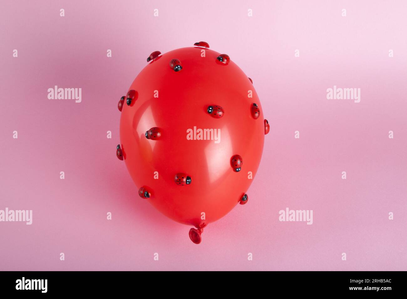 an invasion of numerous ladybugs on a red inflatable balloon with a ...