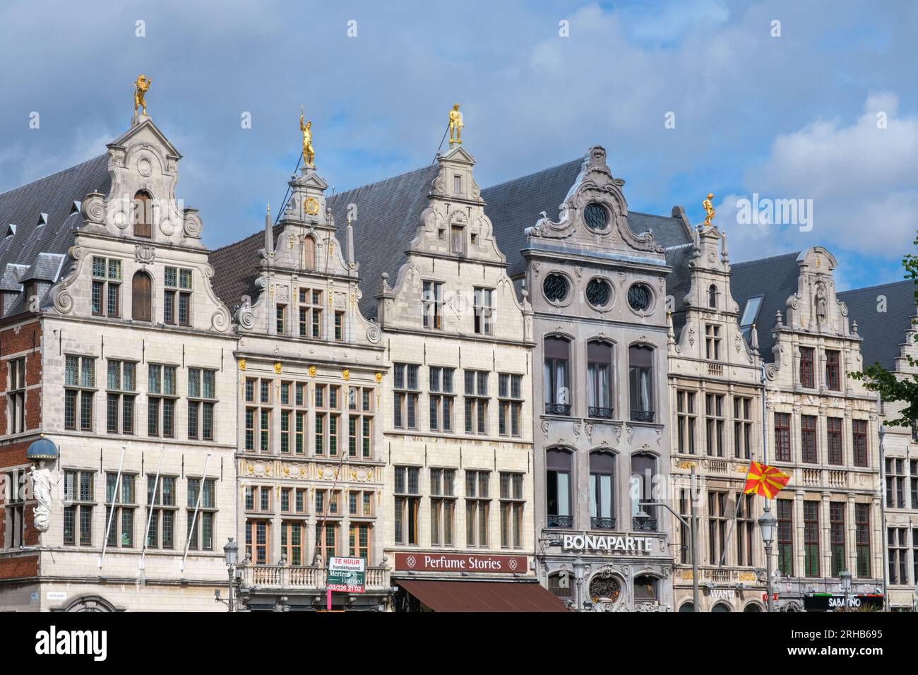 Anvers, Belgium - 9 September 2022: Antwerp cityscape with traditional brick houses on Groenplaats Stock Photo
