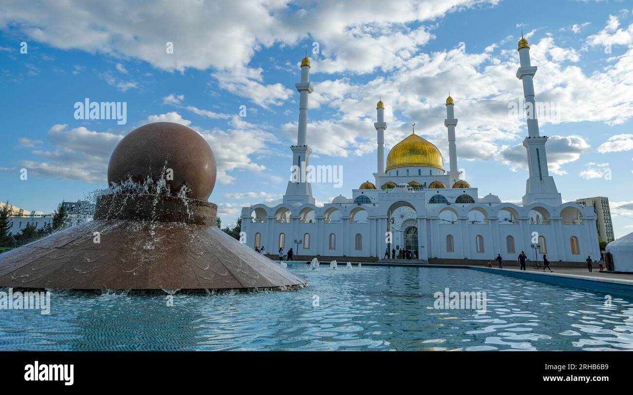 Astana, Kazakhstan - August 14, 2023: View of the Nur-Astana Mosque in Astana, Kazakhstan. Stock Photo