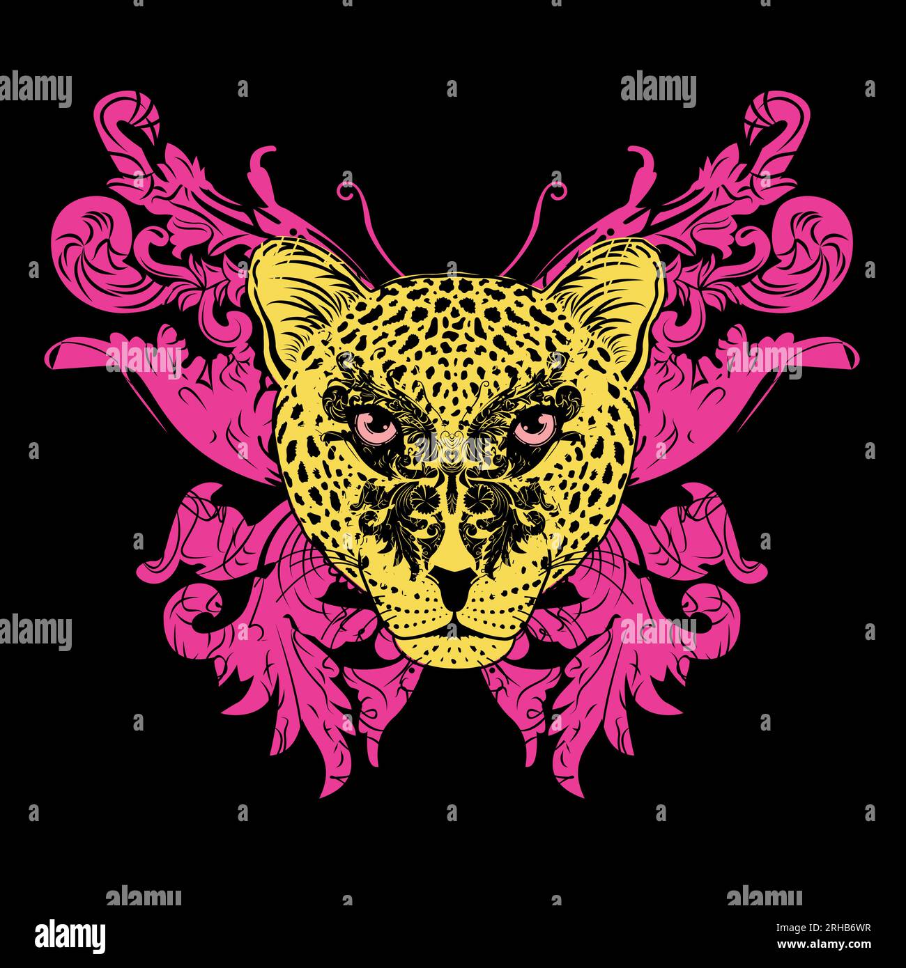 leopard face and pink butterfly design for t-shirt on a black