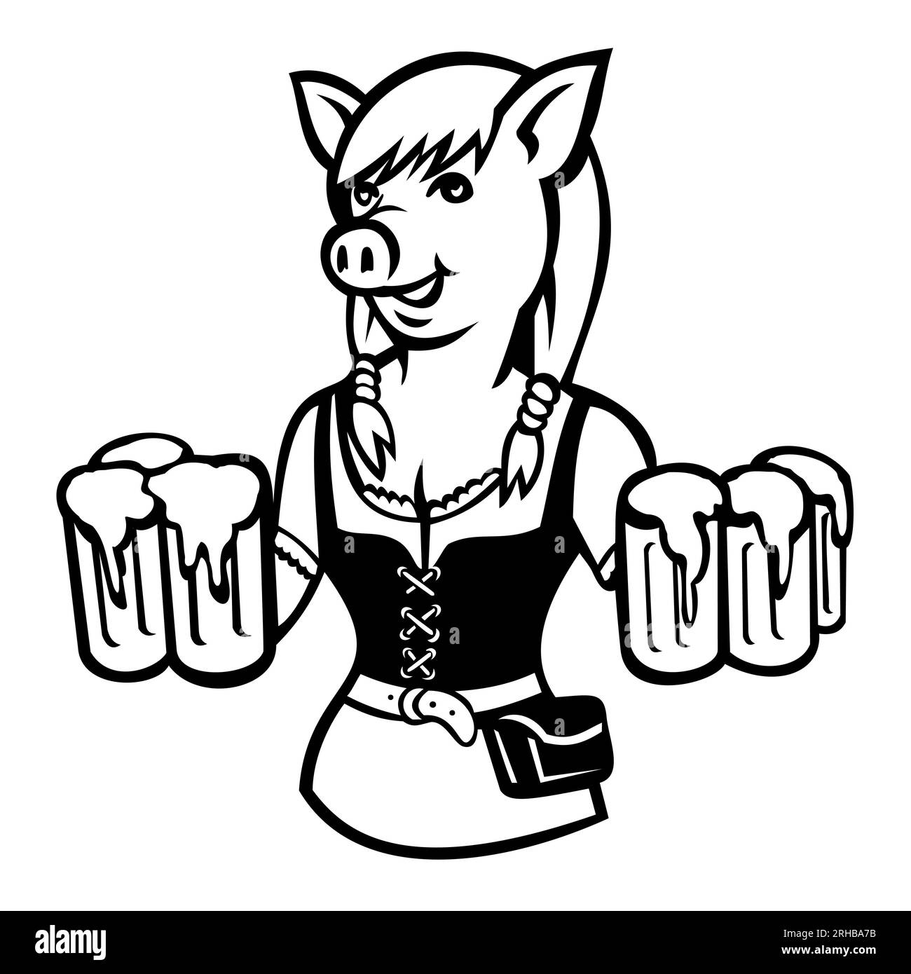 Mascot illustration of lady pig Oktoberfest waitress, beer maid or beer waitress wearing a dirndl serving six mugs of beer viewed from front on isolat Stock Photo