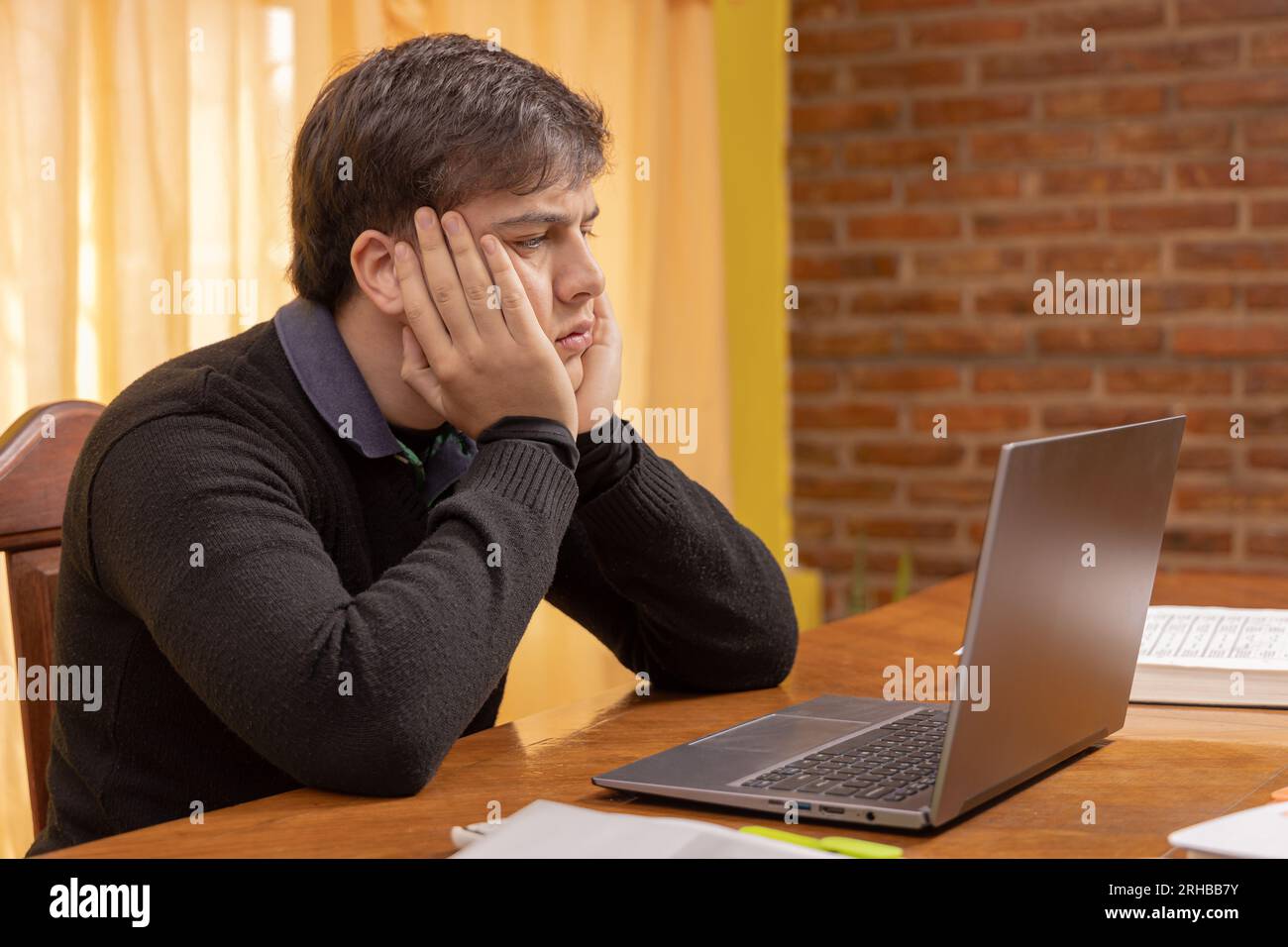 Boy looking worried at a laptop screen. Stock Photo