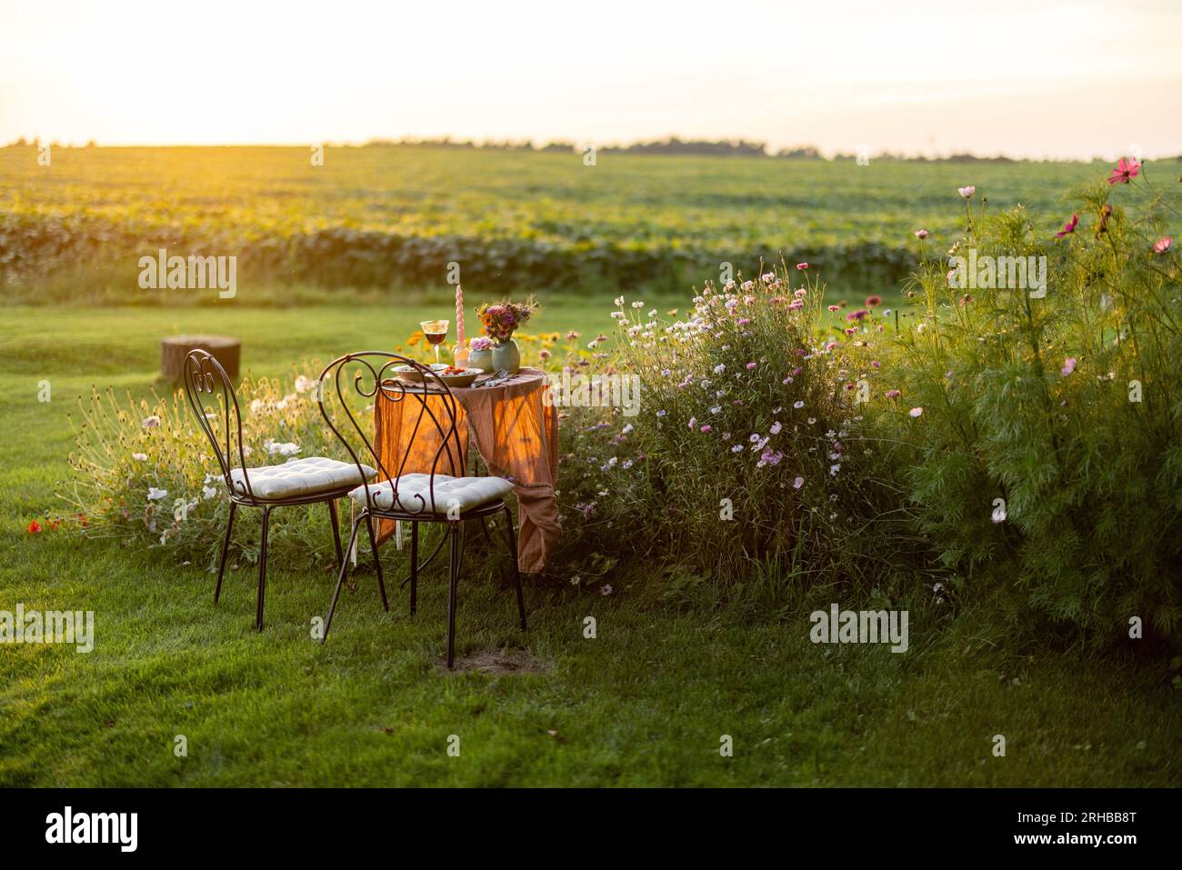 Beautiful green lawn with flowers and dining table Stock Photo - Alamy