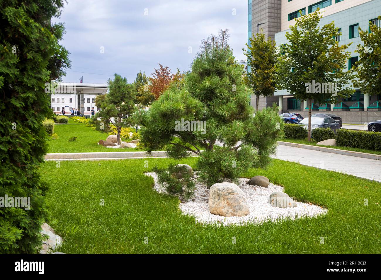 A small area in the park is lined with white pebbles, with Crimean pine and arborvitae and large white stones. landscape design Stock Photo