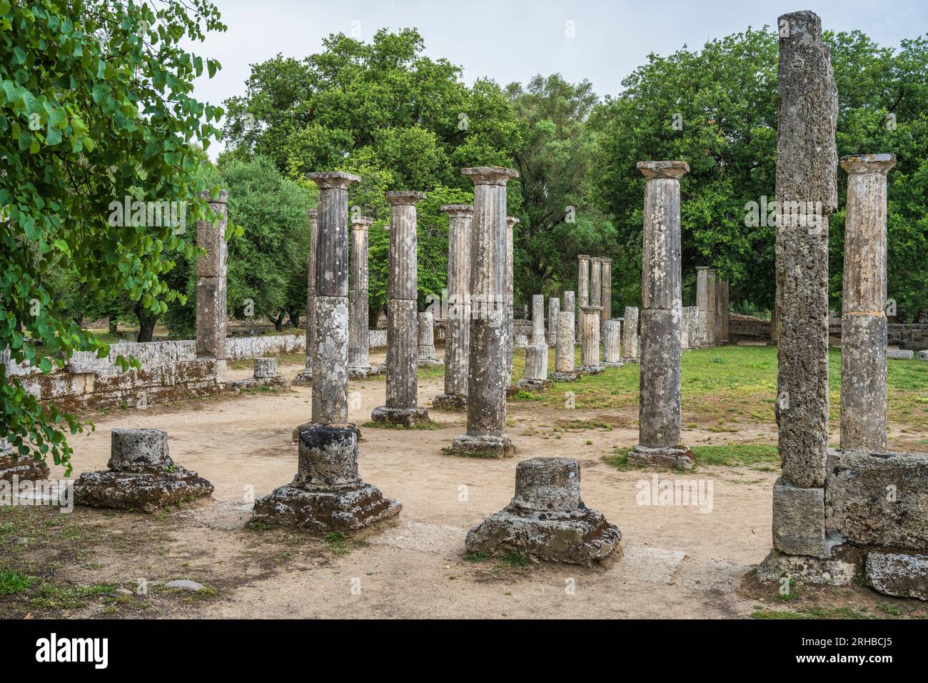 The ruins of the Palaestra (wrestling grounds) at ancient Olympia, birthplace of the Olympic Games, in Elis, Peloponnese, Greece Stock Photo