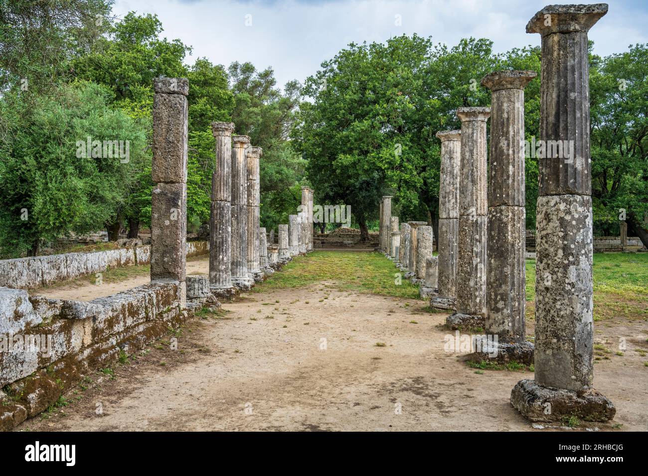 The ruins of the Palaestra (wrestling grounds) at ancient Olympia, birthplace of the Olympic Games, in Elis, Peloponnese, Greece Stock Photo