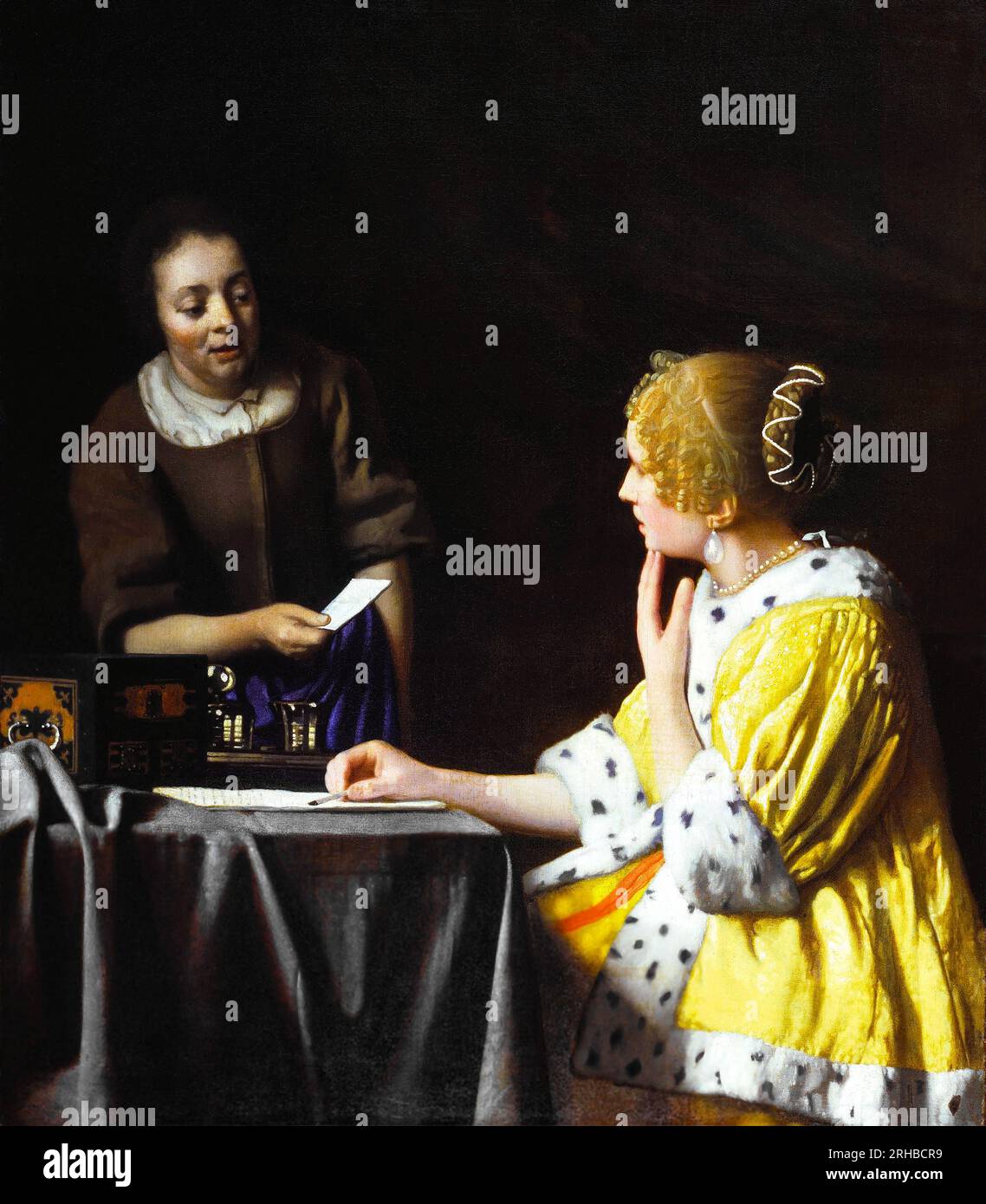 Johannes Vermeer’s Mistress and Maid  famous painting. Original from Wikimedia Commons. Stock Photo