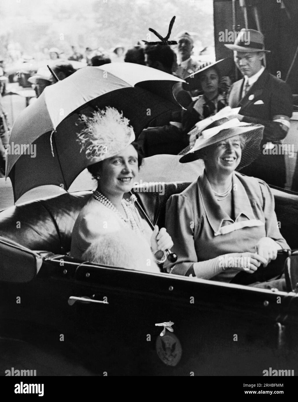 Washington, D.C.:  1939 Mrs. Eleanor Roosevelt, right and Queen Elizabeth, in an automobile leaving the train station for the White House. Stock Photo