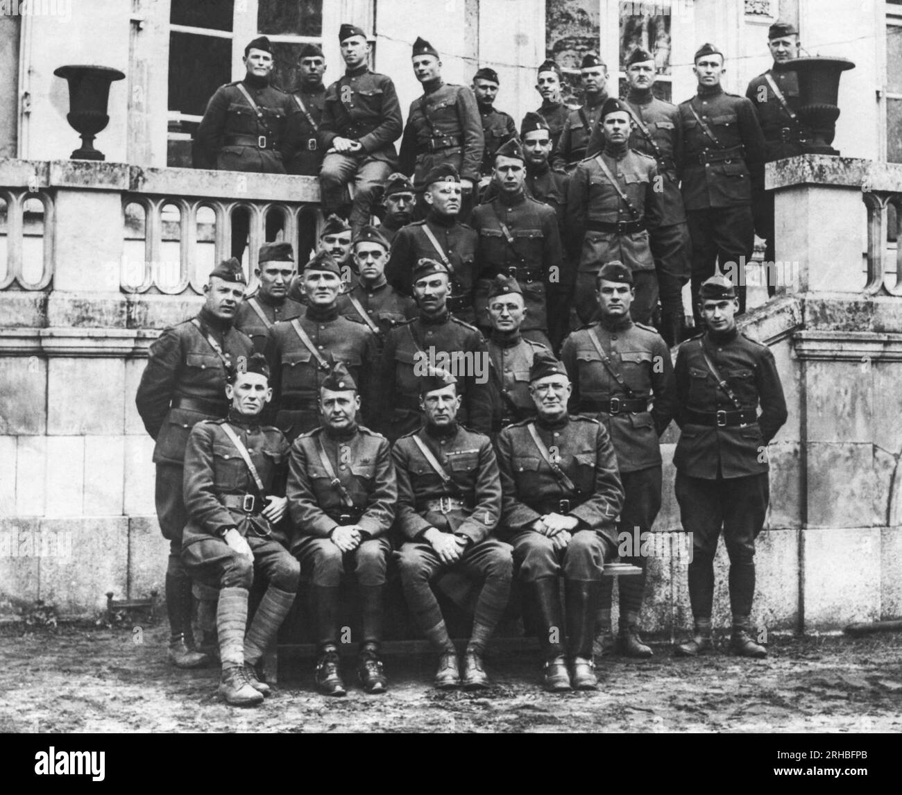 Chateau le Chenay, France:  April, 1919 Harry Truman (second row, third from right) posed with his fellow soldiers of the 129th Field Arilllery unit during WWI. Stock Photo