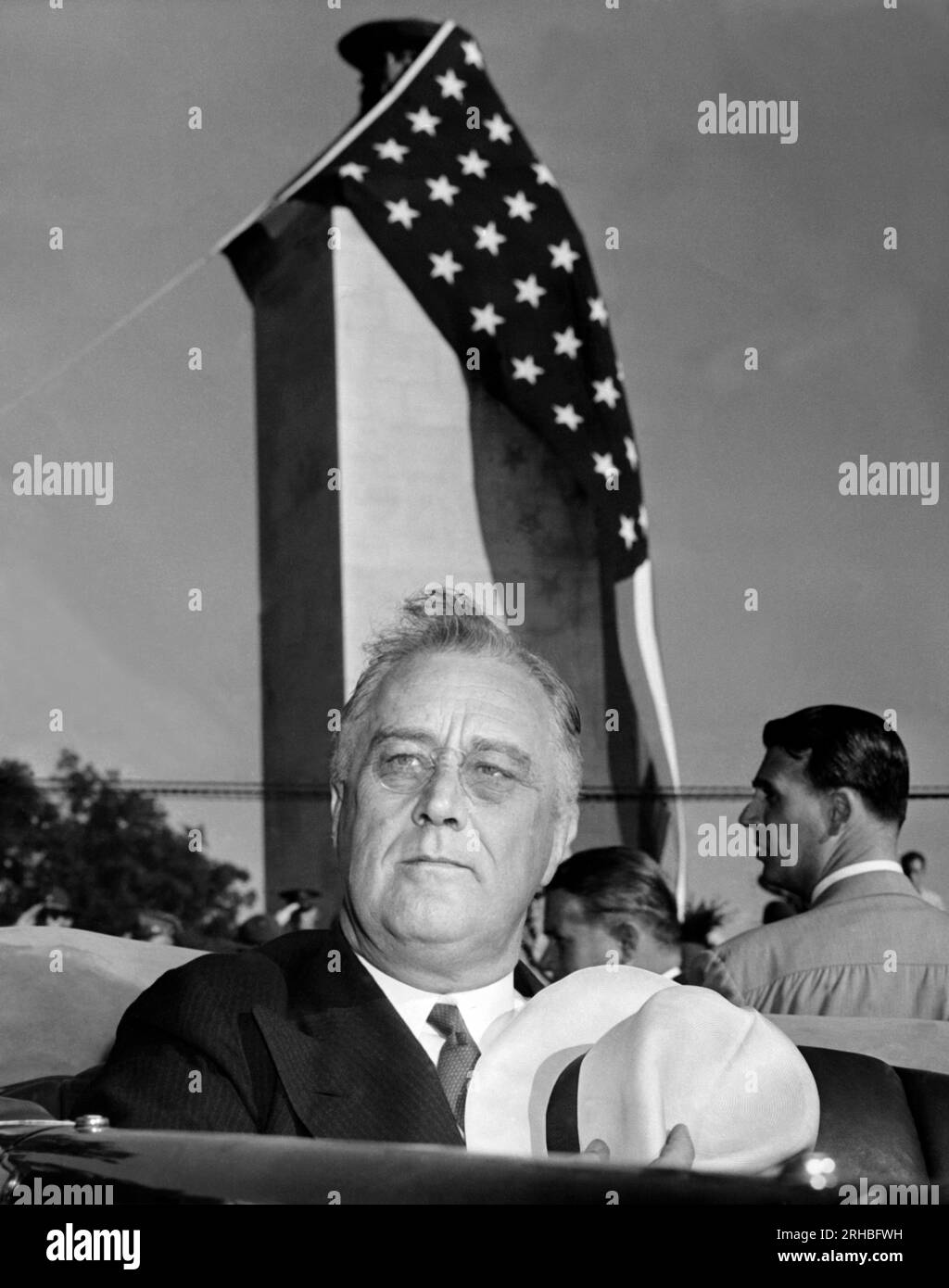 Gettysburg, Pennsylvania:  July 3, 1938 President Franklin Delano Roosevelt as he arrives at Gettysburg to dedicate the Peace Memorial there. Stock Photo
