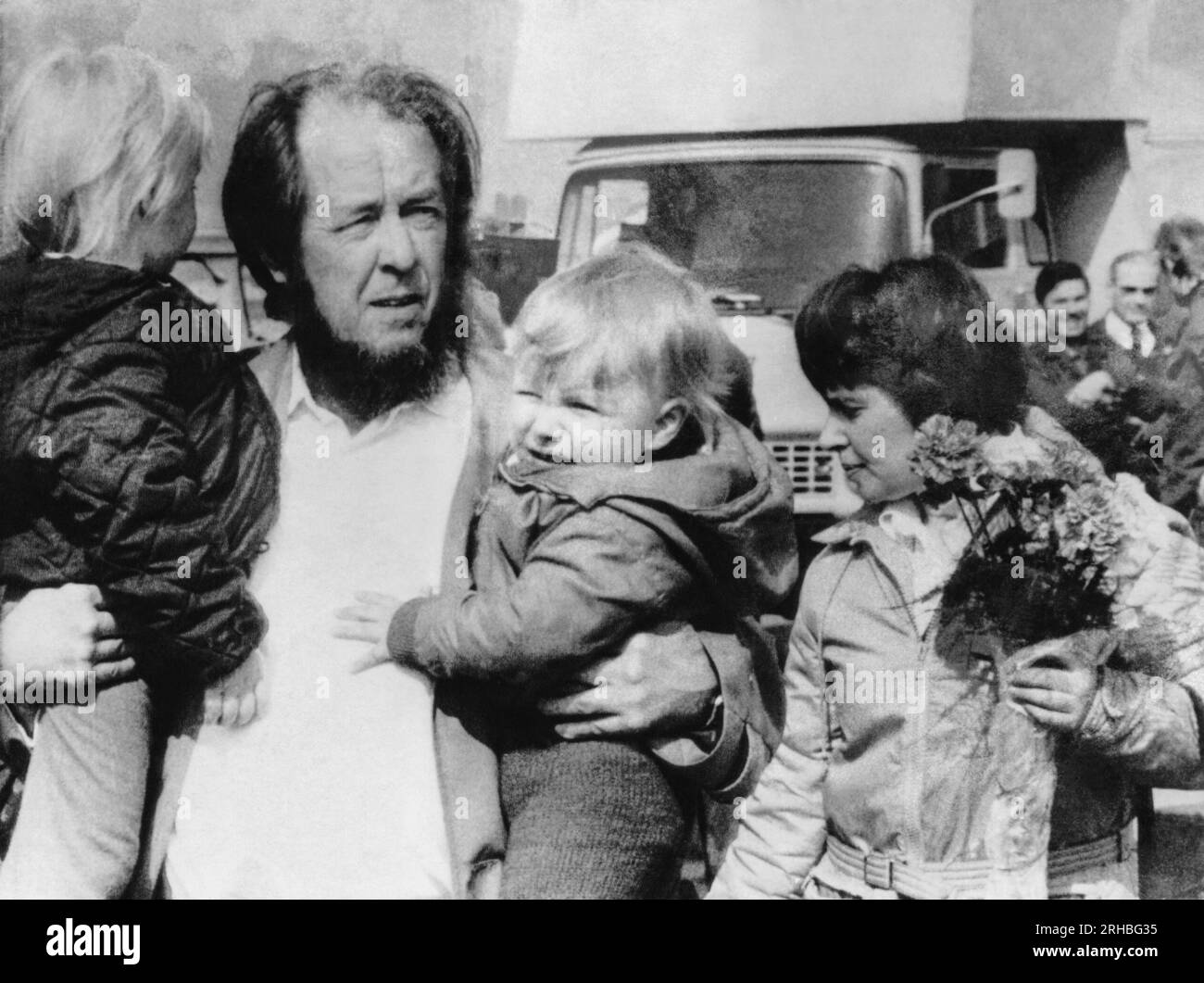 Zurich, Switzerland:  March 29, 1974 Exiled author Alexander Solzhenitsyn with his family as he arrives at the Zurich airport from Moscow. Stock Photo