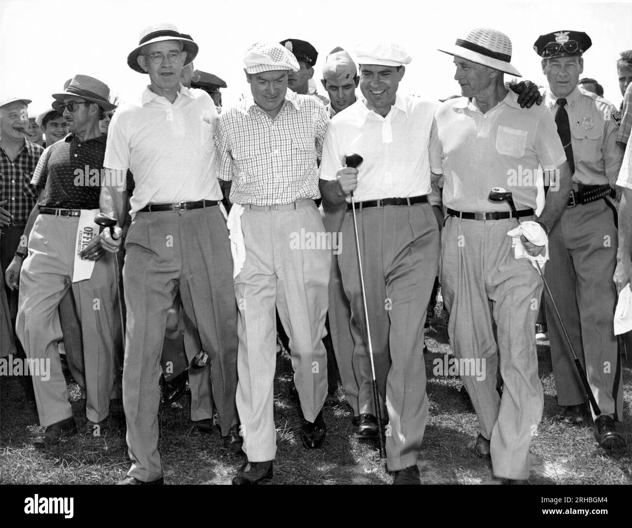Rockville, Maryland: 1953 L-R: General Omar Bradley, Bob Hope, Vice-President Richard Nixon, and General Robert McClure at the National Celebrities Open Tournament at the Woodmont Country Club. Stock Photo