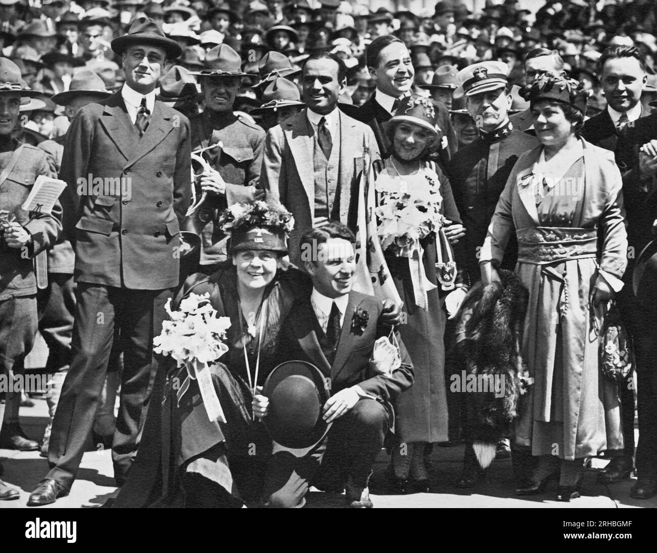 Washington, D.C.:  1918 Celebrities at the Liberty Loan drive in Washington.  Included are: Assistant Secretary of the Navy Franklin Roosevelt, Douglas Fairbanks, Mary Pickford, John Phillips Sousa, Marie Dressler and Charlie Chaplin. Stock Photo