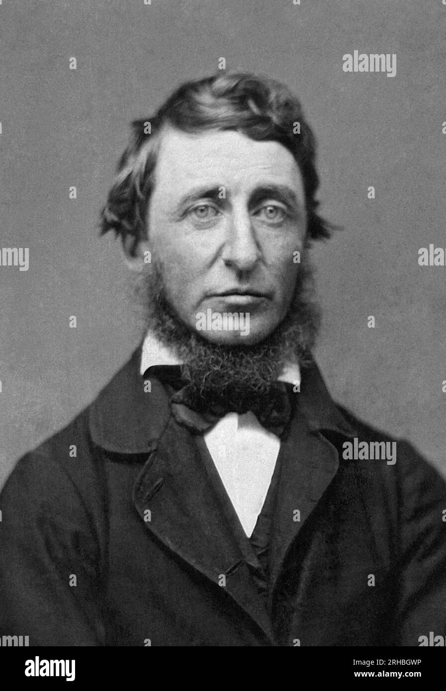 Worcester, Massachusetts  June 18, 1856 A black & white portrait photograph from a ninth-plate daguerreotype of Henry David Thoreau made at the Daguerrean Palace of Benjamin D. Maxham . Stock Photo