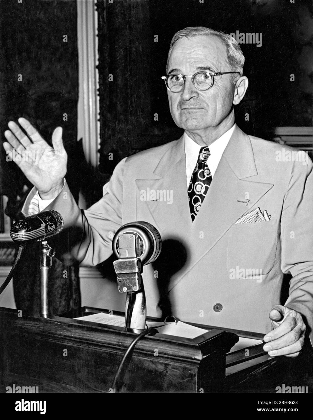 Washington, D.C.:   May 24, 1946. Truman concluding a press conference about the ongoing railroad strike, declaring that if the workers were not back on the job the next day, he would call upon the armed forces to help run the railroad and protect the strike breakers. Stock Photo