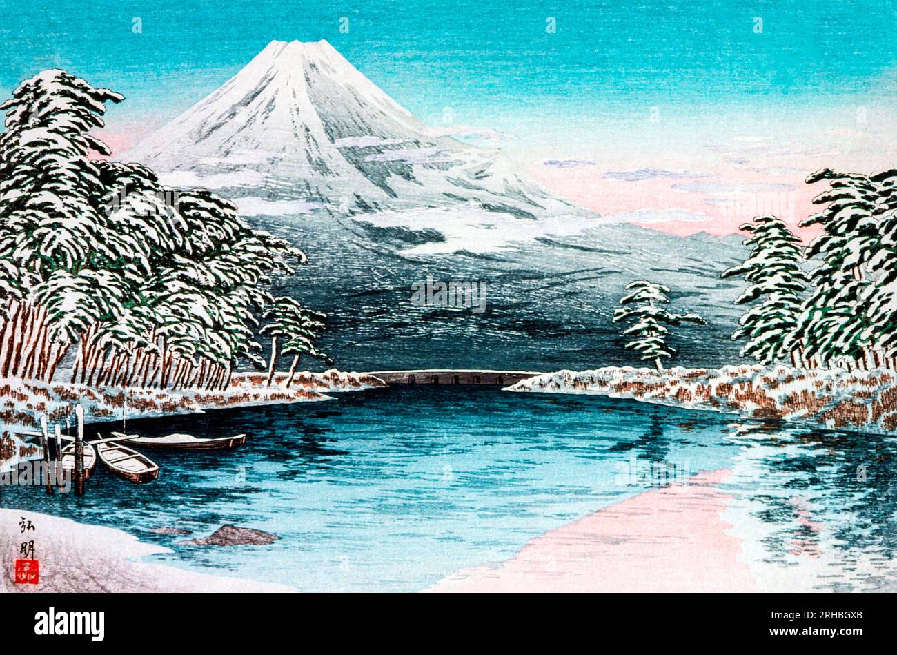 Mt. Fuji from Tagonoura, Snow Scene  print in high resolution by Hiroaki Takahashi. Original from The Los Angeles County Museum of Art. Stock Photo