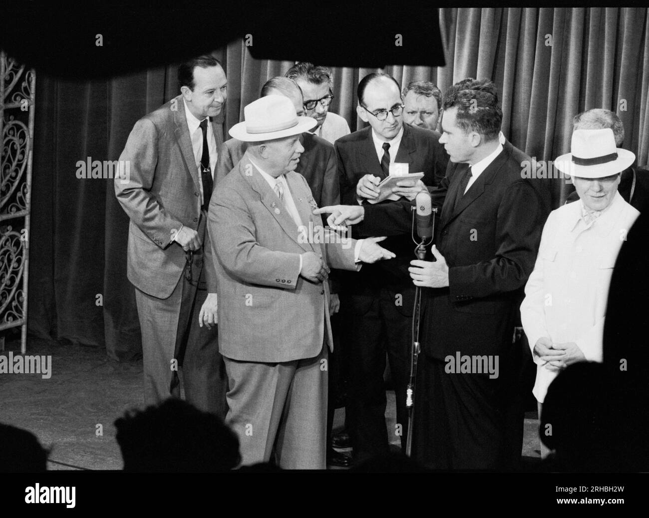 Moscow, U.S.S.R.:   July 24, 1959 Soviet Premier Nikita  Khrushchev & United States Vice President Richard Nixon banter on television at the American exhibit in what became know as the 'kitchen debate'. Stock Photo