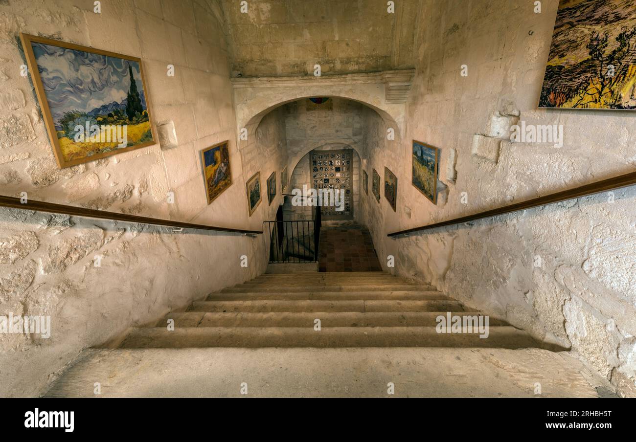 St Remy de Provence, Bouches du Rhone, France, 06.23.2018.  The central staircase leading to Van Gogh‘s room in the monastery of St. Paul de Mausole. Stock Photo