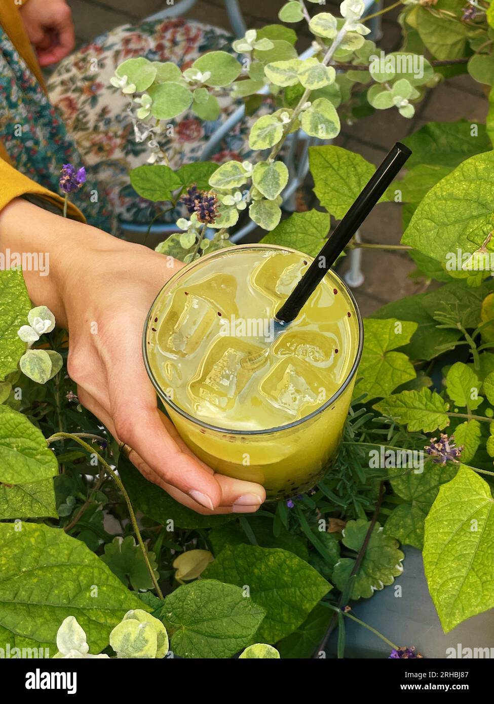 Close-up of a woman standing outdoors holding a green kiwi and basil muddled cocktail Stock Photo
