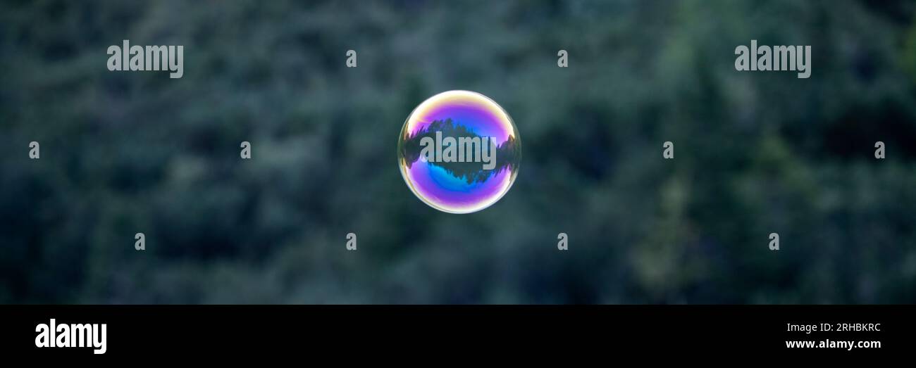 Wide view image of a delicate soap bubble floating freely outside with ...