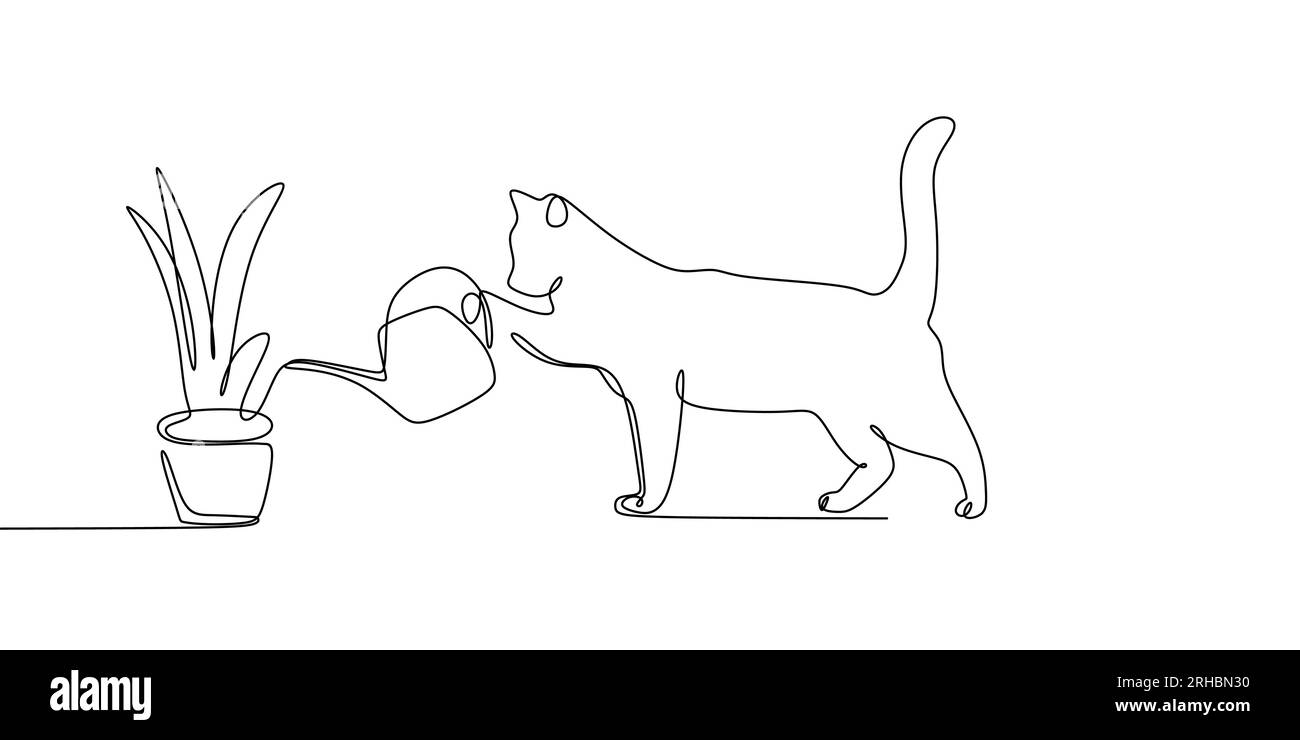 continuous line drawing of cat animals watering plants Stock Vector