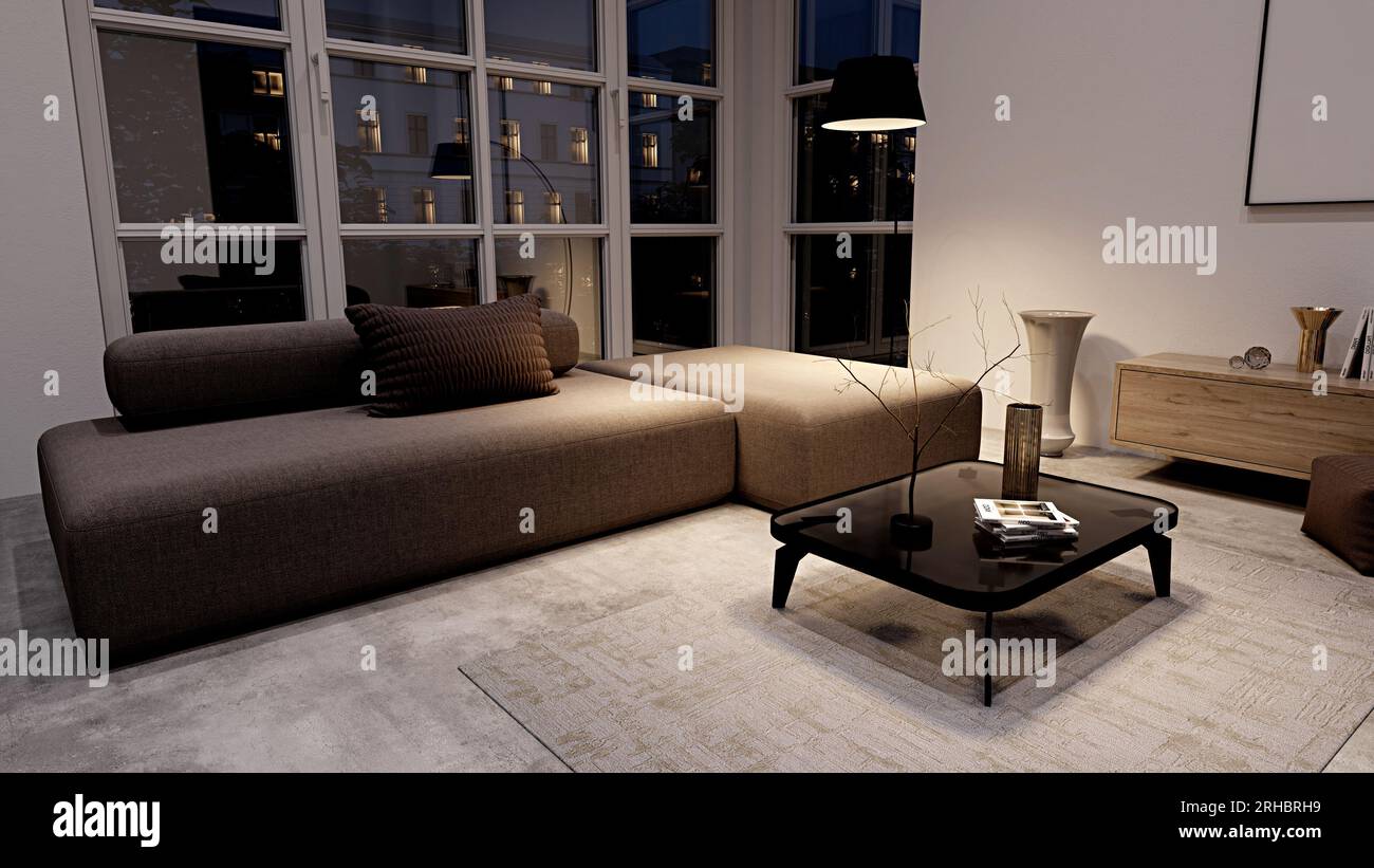 Modern room interior with panoramic windows Stock Photo - Alamy